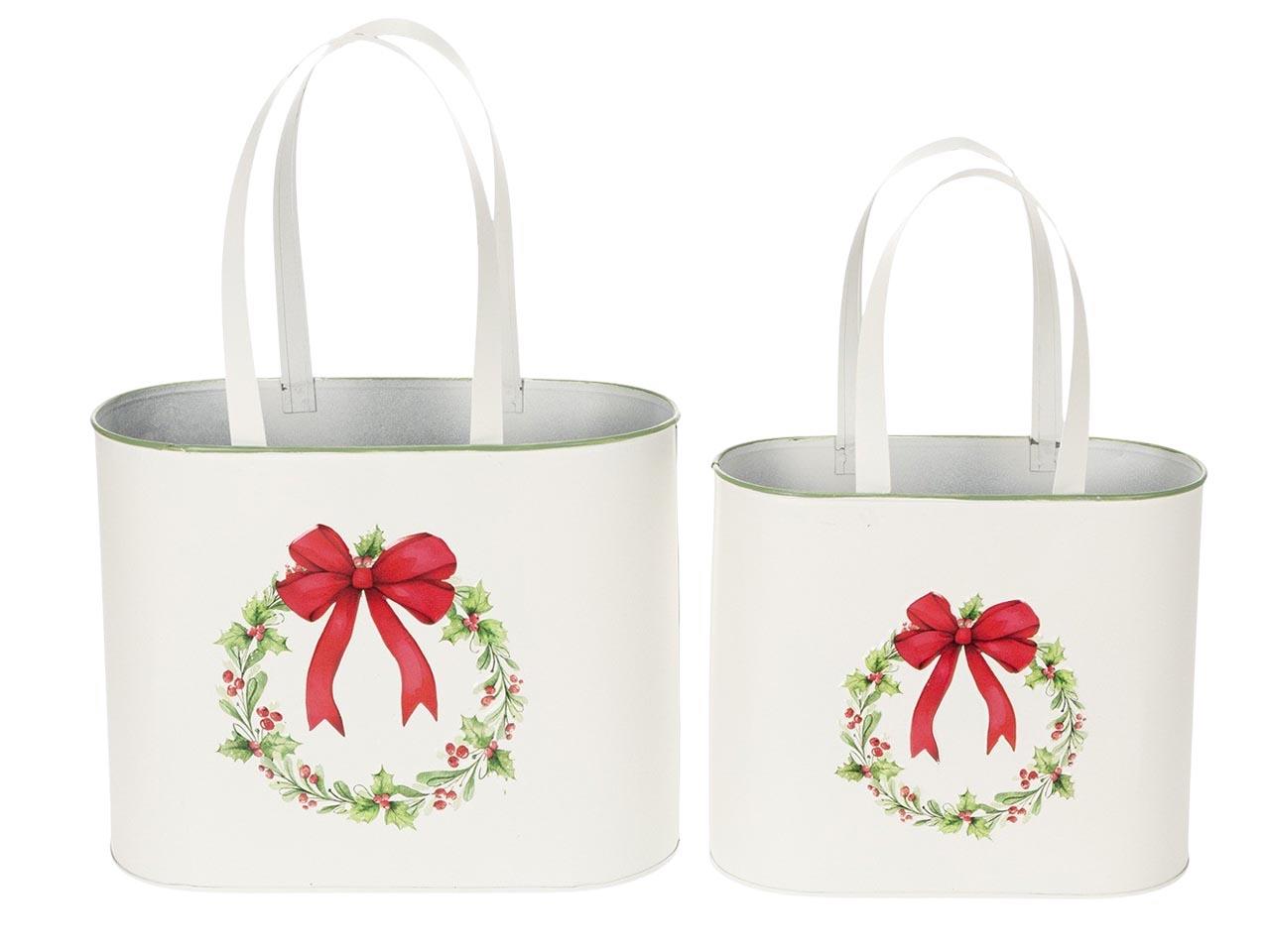 Tasche oval Schleife Ilexkr. Metall creme-rot Set/2 L23,5cm