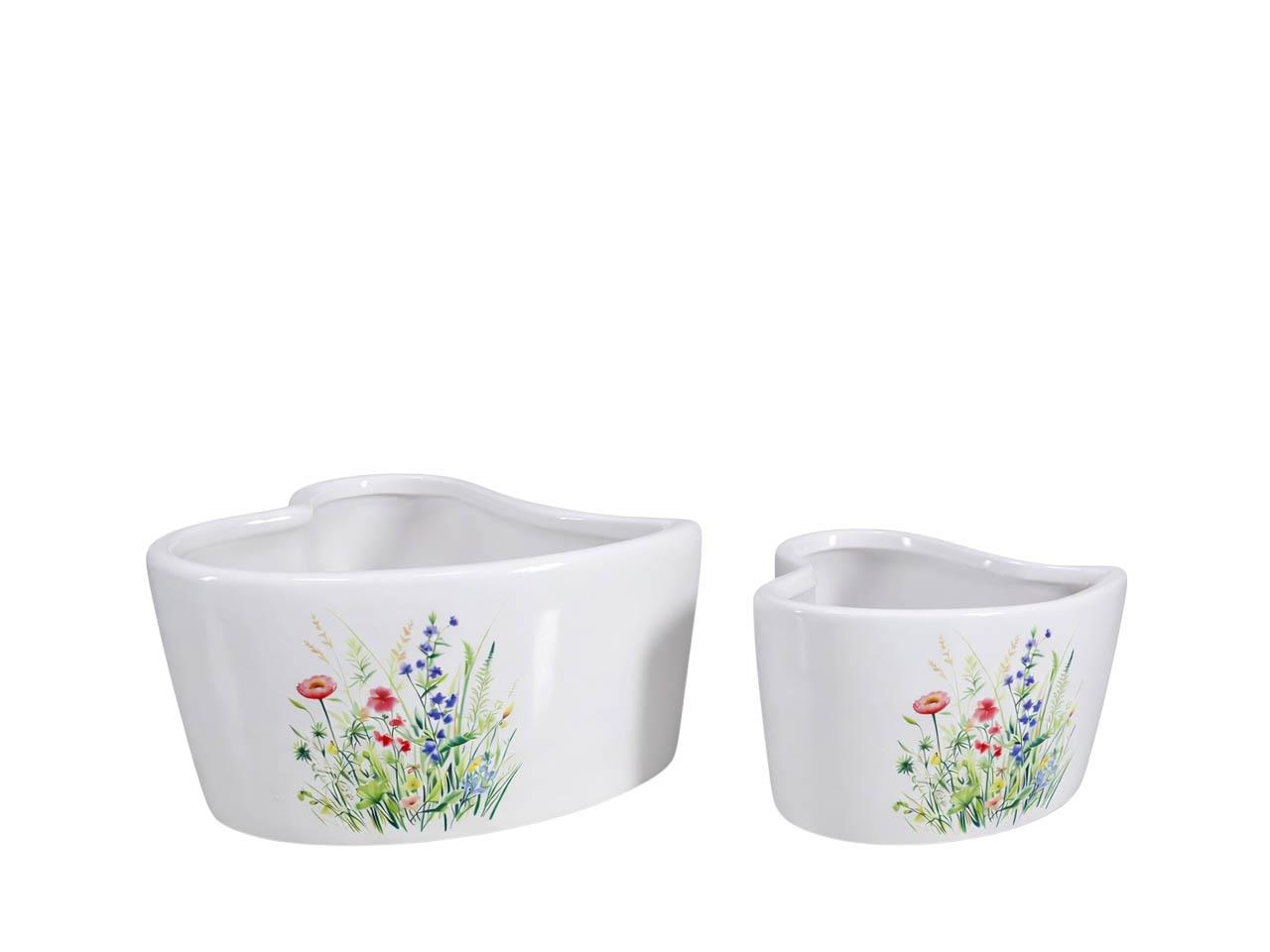 Pflanzherz Keramik Set/2 Blumenwiese D8x7/D11x7 cm weiß