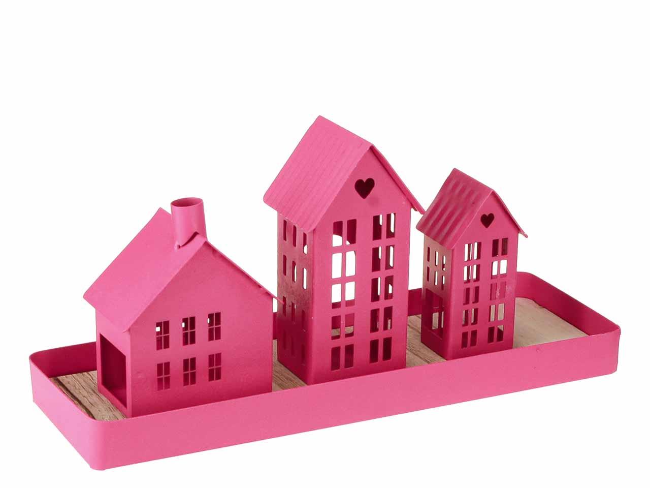 Tablett m. Häuser Set/3 Metall/Holz pink L35x12cm