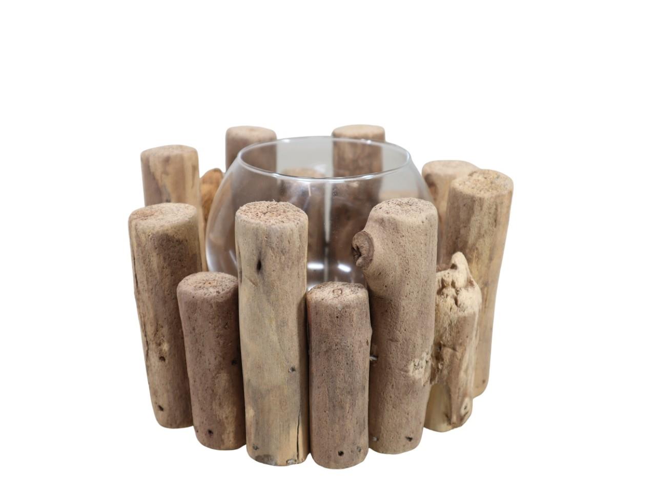 Windlicht Kugelglas im Holzgestell natur D19xH12 cm