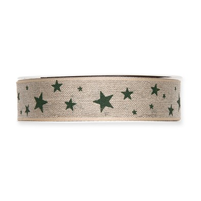Leinen-Druckband Sterne 25 mm 15 Meter natur/green 32