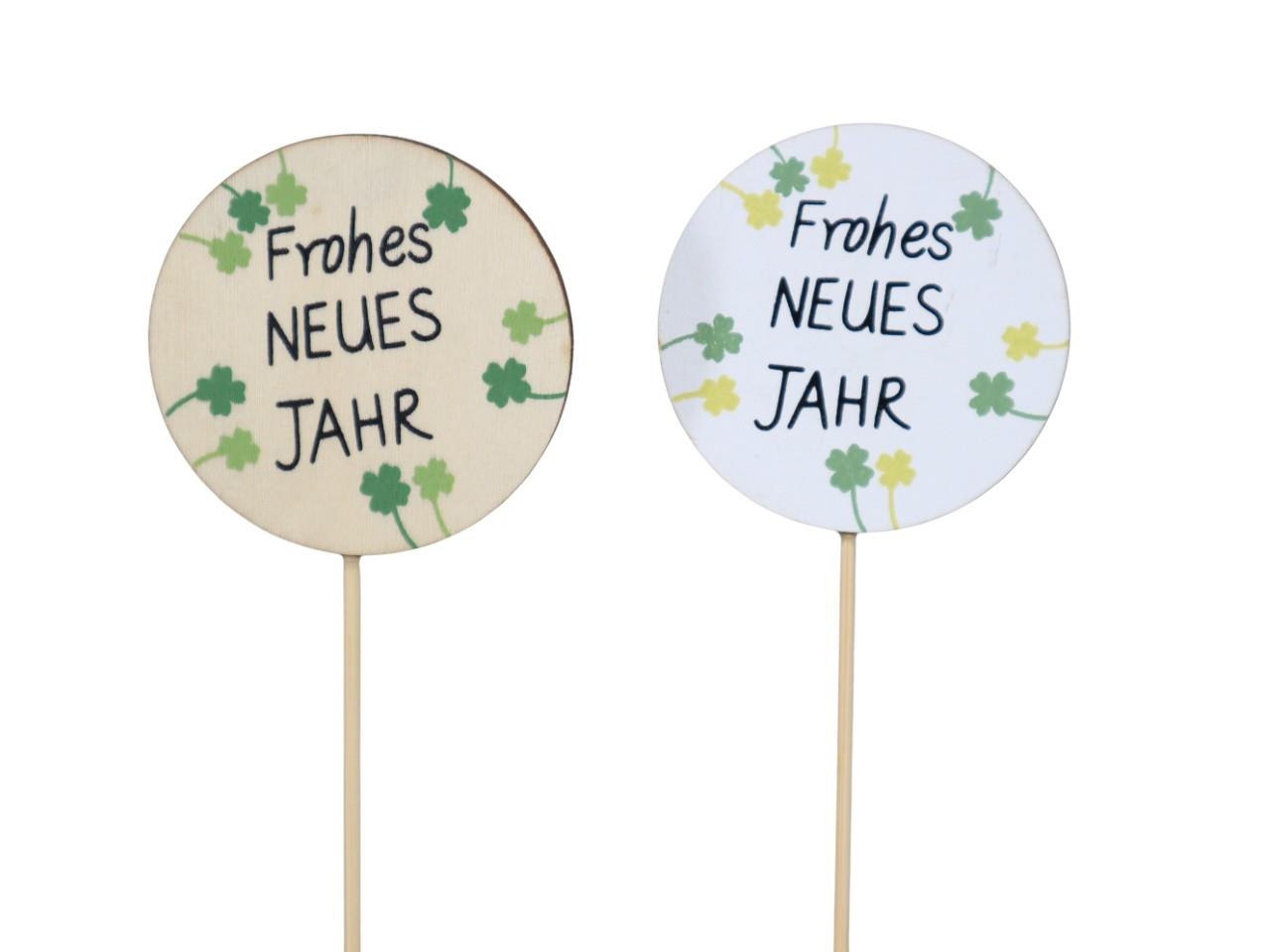 Stecker Kreis"Frohes neues Jahr" Holz farbmix D6cm + Pin