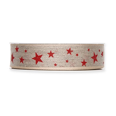 Leinen-Druckband Sterne 25 mm 15 Meter natur/red 65