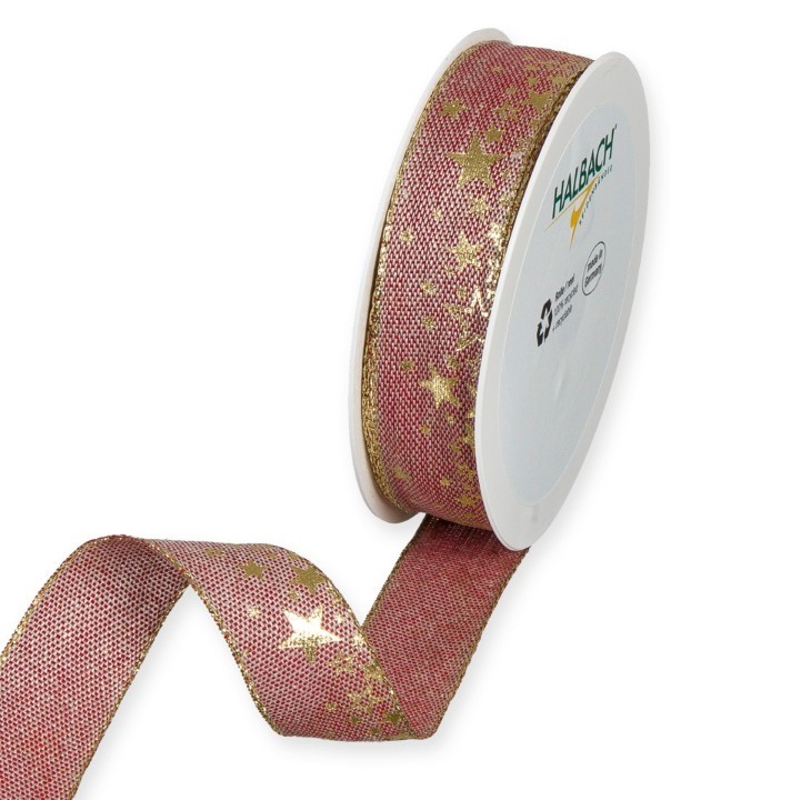 Leinen-Druckband Sterne 25 mm 15 Meter rot/gold 65