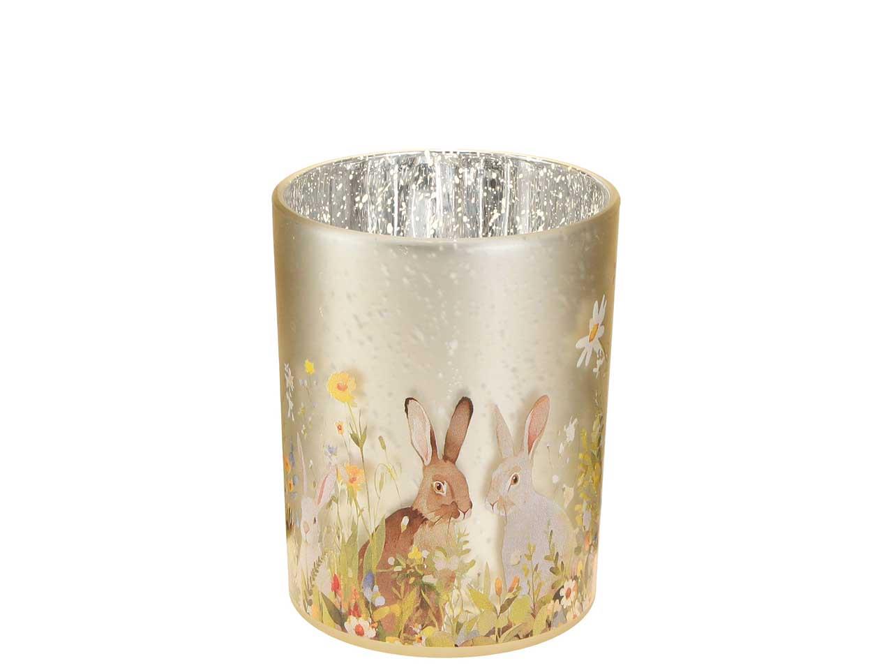 Windlicht m. Hasen+Blumen Glas beige D10cm H12,5cm