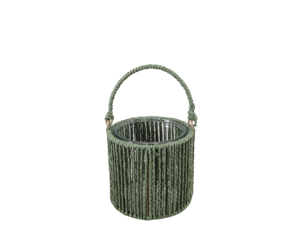 Windlicht m. Glaseinsatz Papierkordel grün D11cm