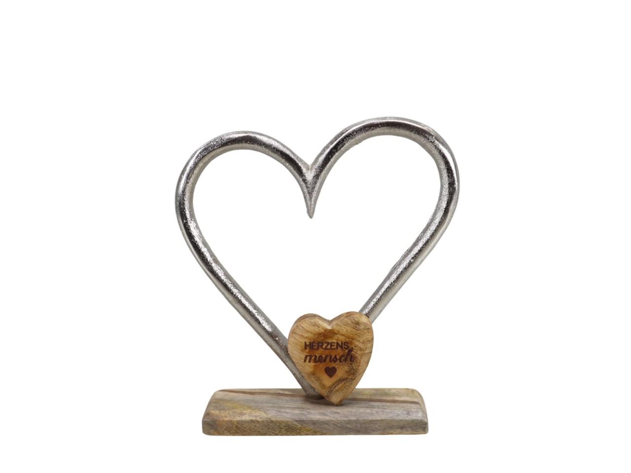 Doppelherz Aluminium&Holz stehend silber&natur D21x19,5cm