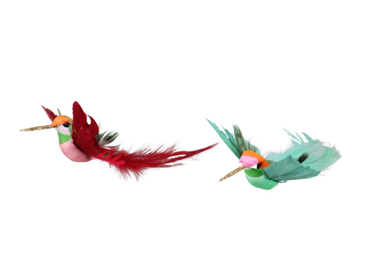 Stecker Kolibri Federn grün/burgund 9x18cm