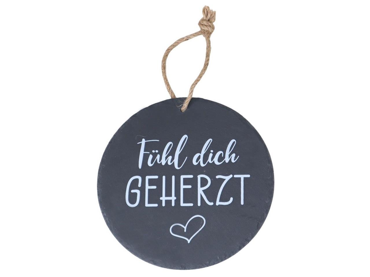 Schieferplatte rund hängend mit Schrift D20cm