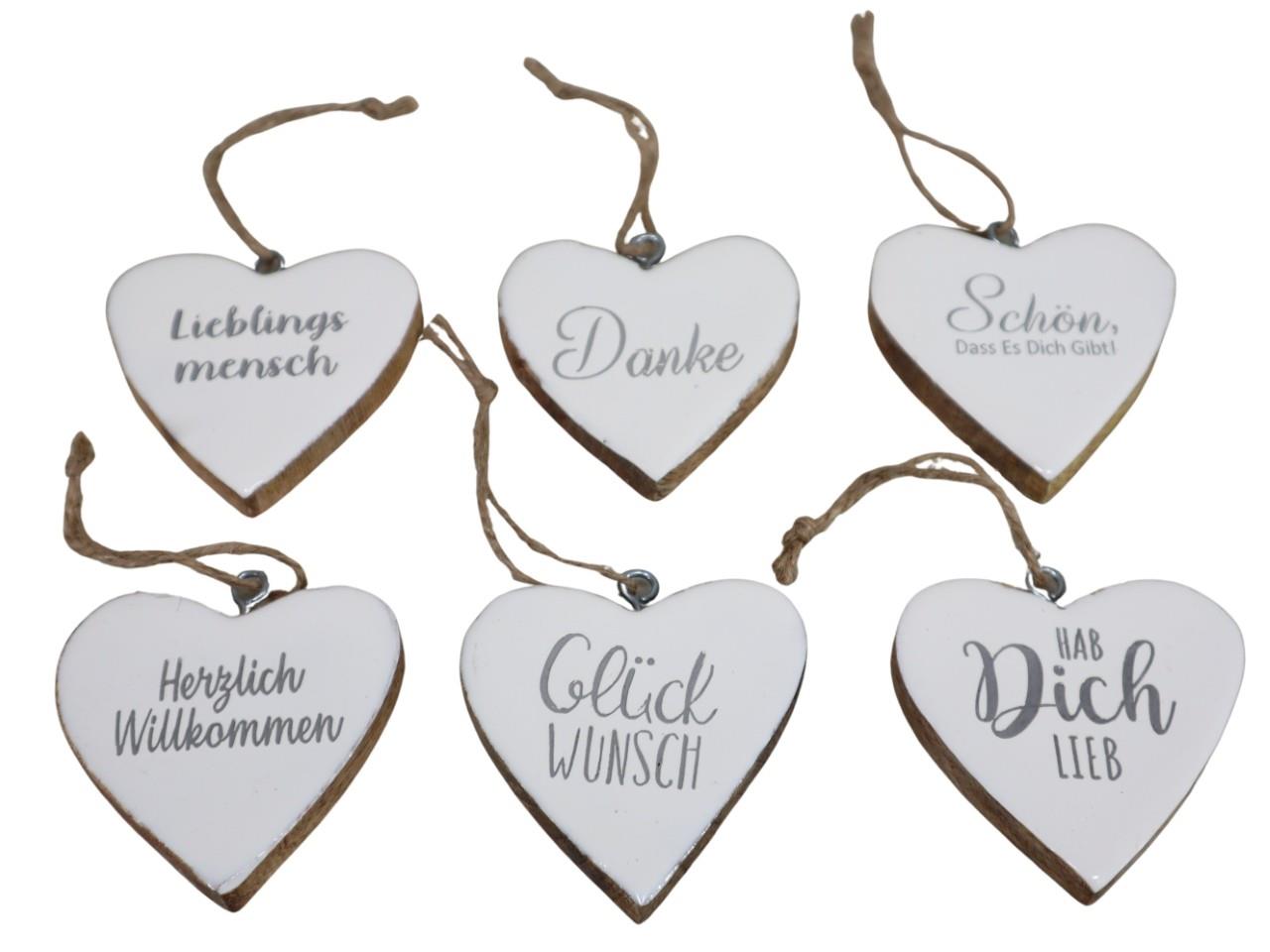 Herz hängend an Juteschnur m. Schrift sortiert Holz weiß 8cm