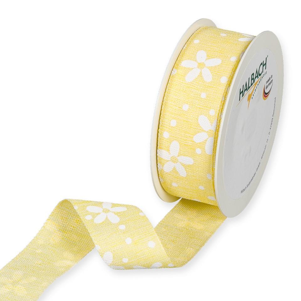 Druckband Blüten/Punkte 35 mm 15 Meter lemon/white 911