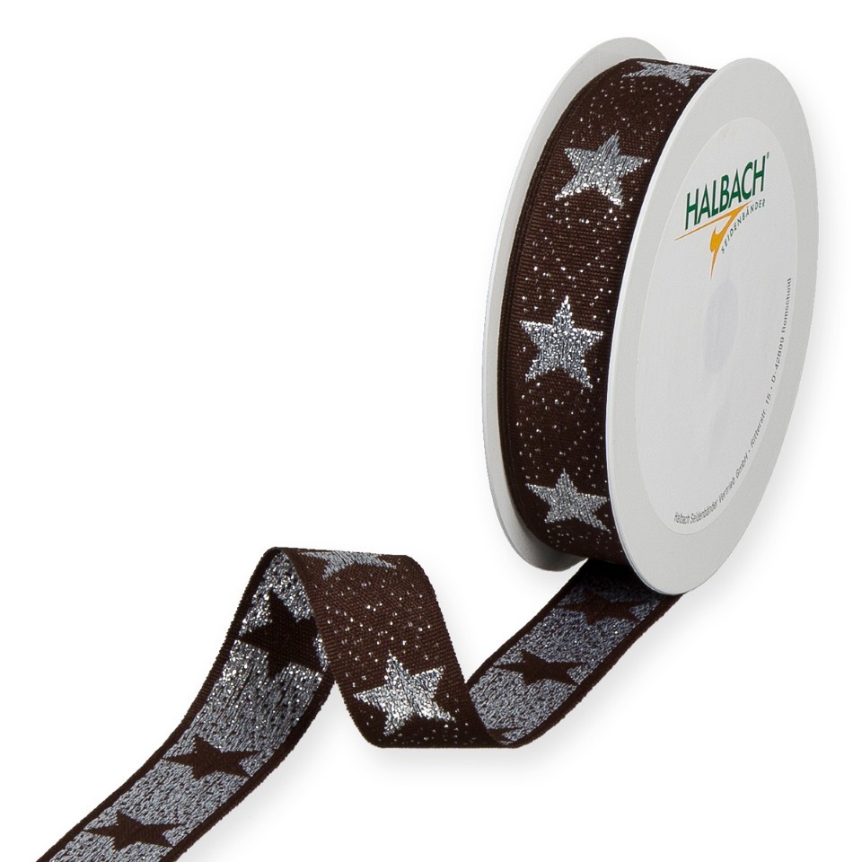 Weihnachtsband Luxussterne 25 mm 15 Meter braun/silber 97