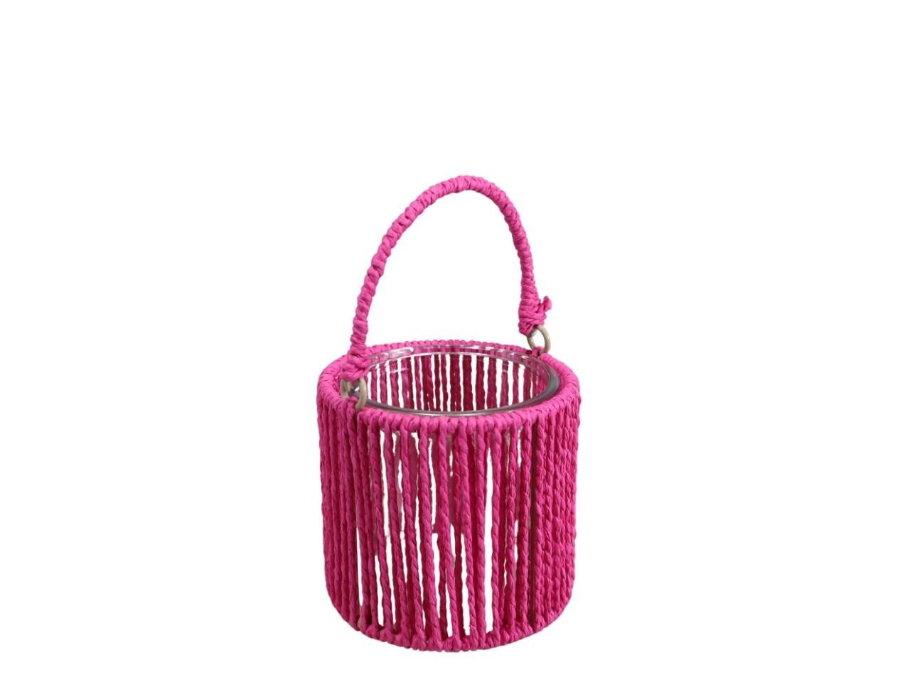 Windlicht m. Glaseinsatz Papierkordel pink D11cm