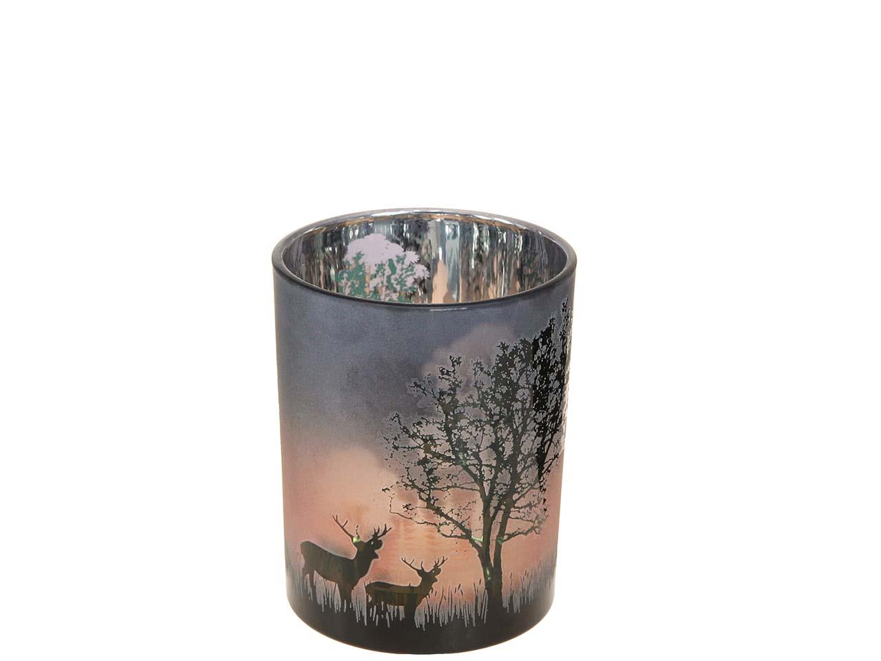 Windlicht Hirsche und Baumdekor Glas schwarz-orange D7,3cm