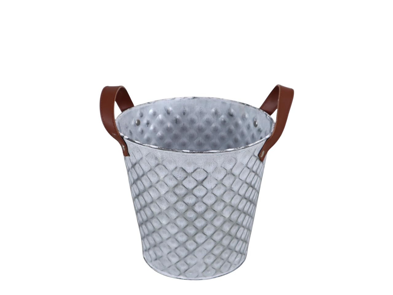 Übertopf Raute Metall m. Lederhenkel white-washed D25cm