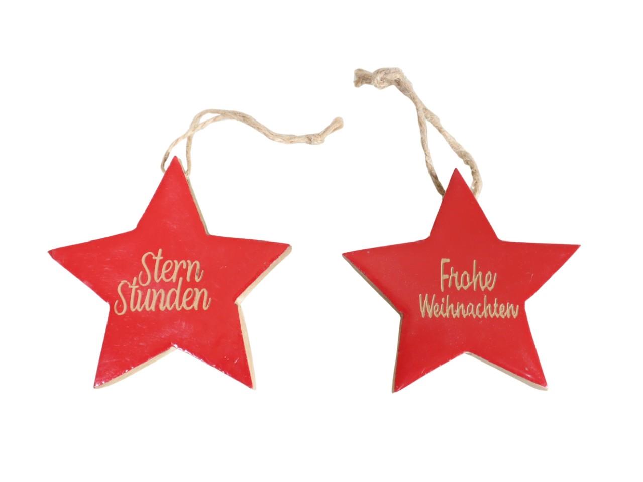 Hänger Sterne Mangoholz mit Schrift rot D7,8cm