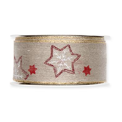 Leinen-Druckband Sterne 40 mm 12 Meter red/white/gold 65
