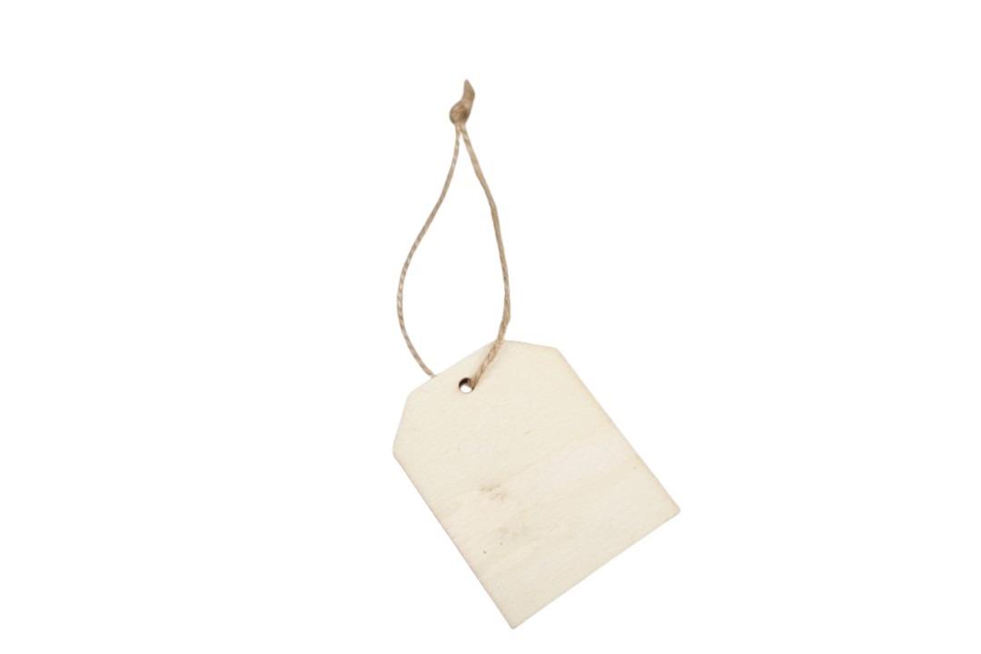 Etiketten am Jutestrick hängend Holz natur 6x4,8cm