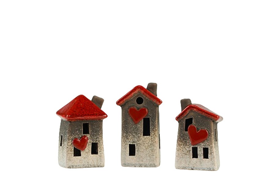 Häuser 3fach sort. Keramik rot H10,9cm