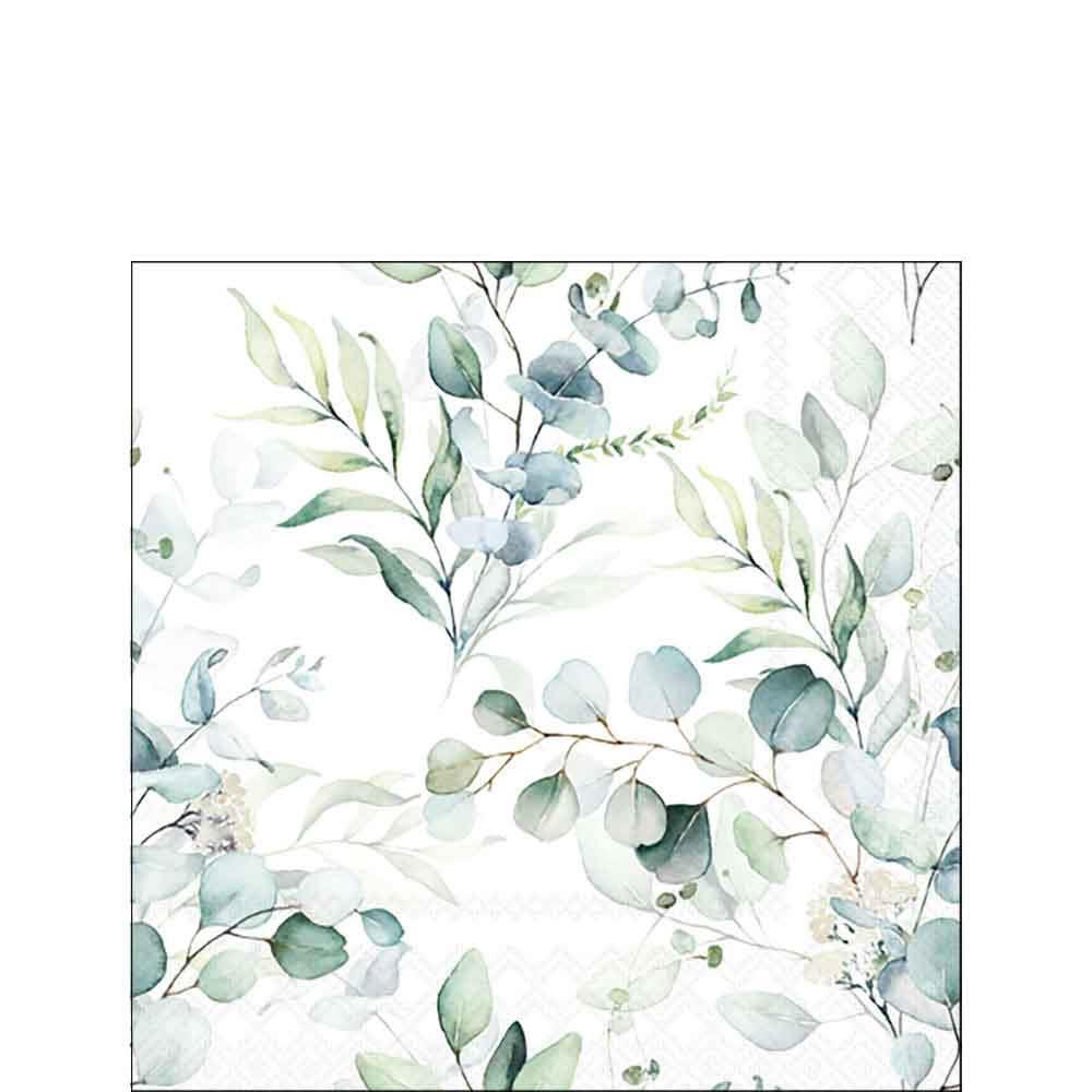 Serviette 25x25 cm mit Eucalyptus allover weiss-grün