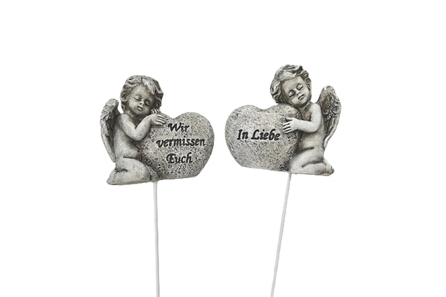 Engelstecker m. Herz  grau Polyresin H5cm + 12cm Pin