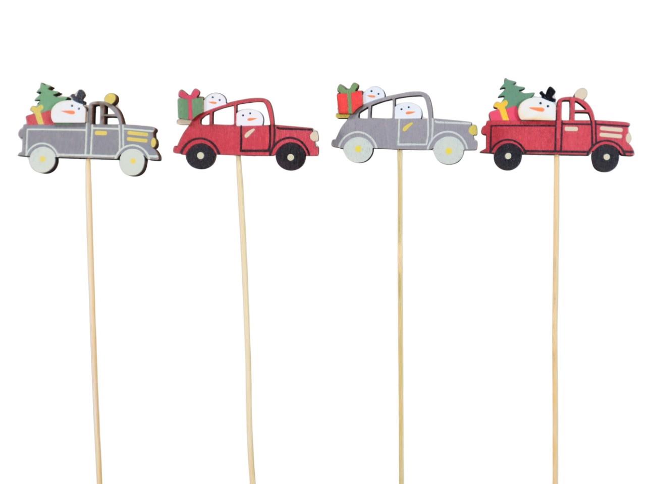 Stecker Auto mit Schneemann Holz farbmix D7x3,5cm + Pin