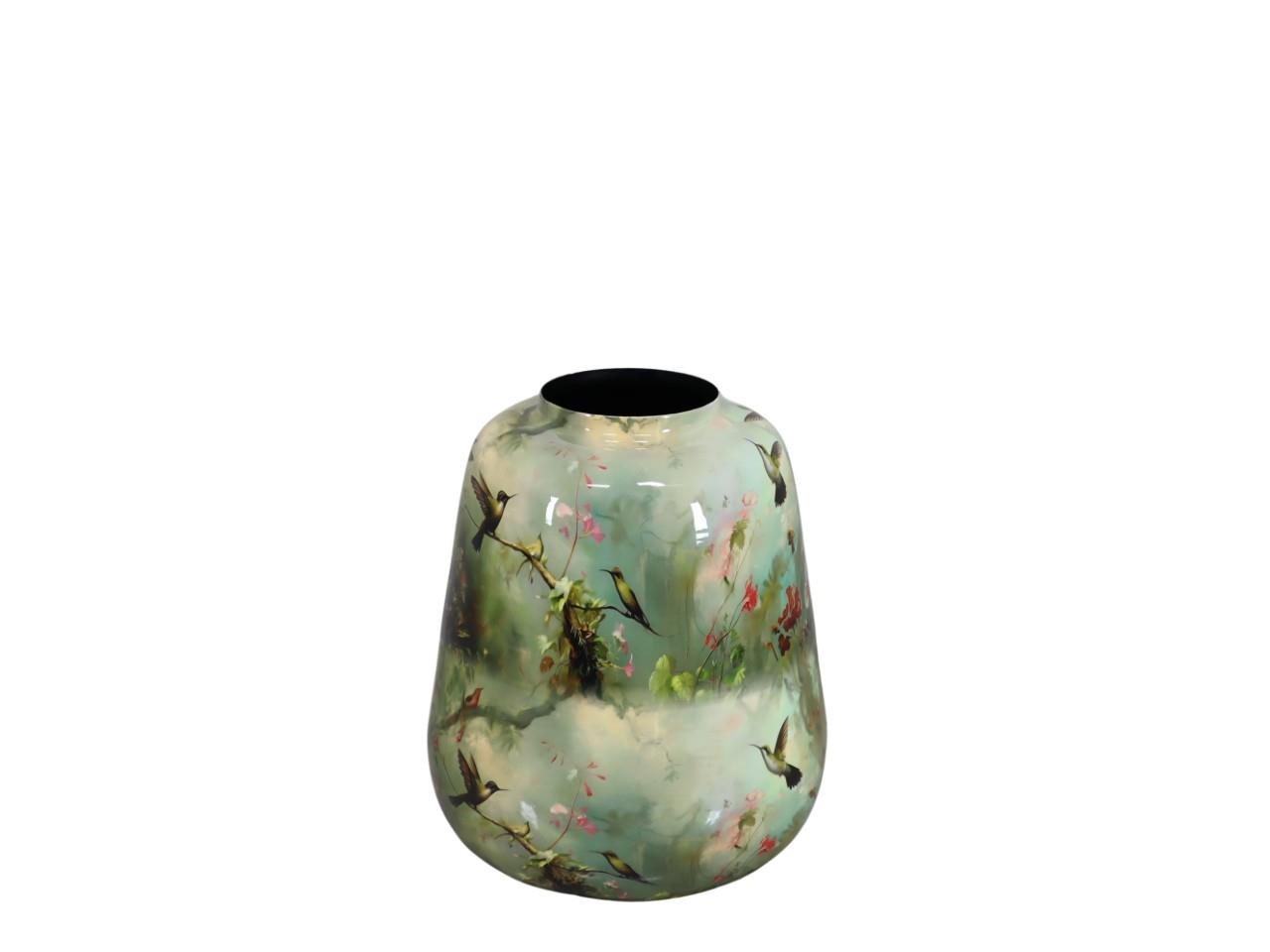 Vase Metall- Emaille Blumen-Vogelmotiv grün D22xH26cm