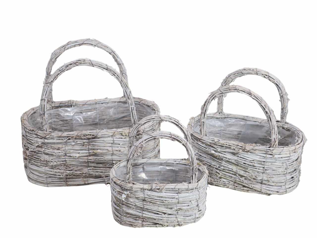 Pflankorb m. Henkel Rattan Set/3 38x21-23x13cm white-washed