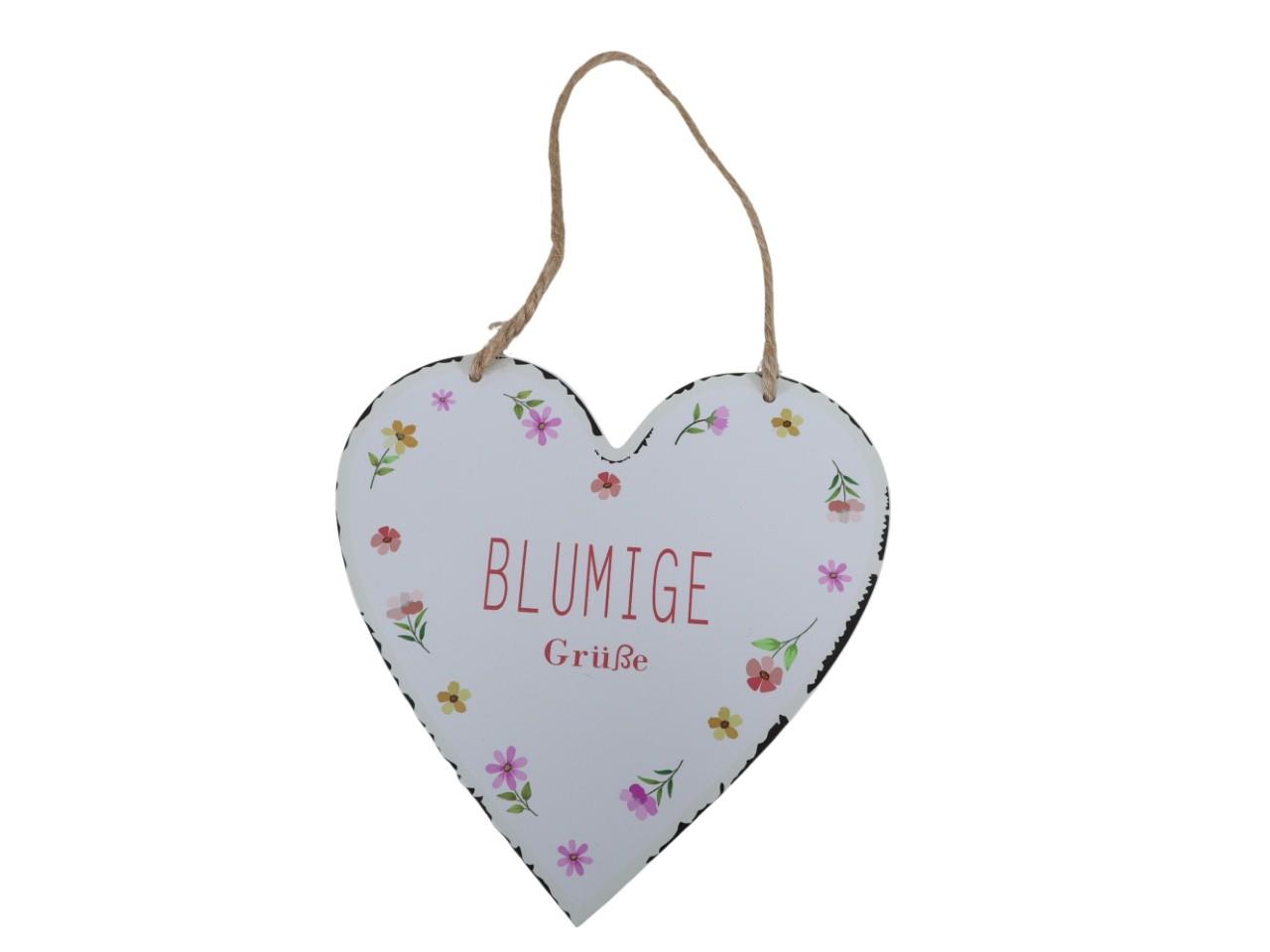 Herz hängend m. Schrift Blumige Grüße Metall weiß D15cm