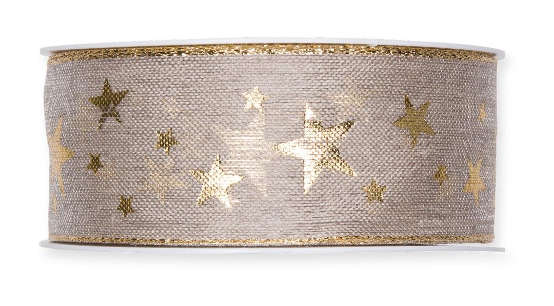 Leinen-Druckband Sternchen 40 mm 15 Meter linen/gold 311