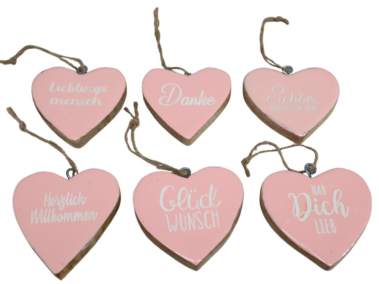 Herz hängend an Juteschnur m. Schrift sortiert Holz rosa 8cm
