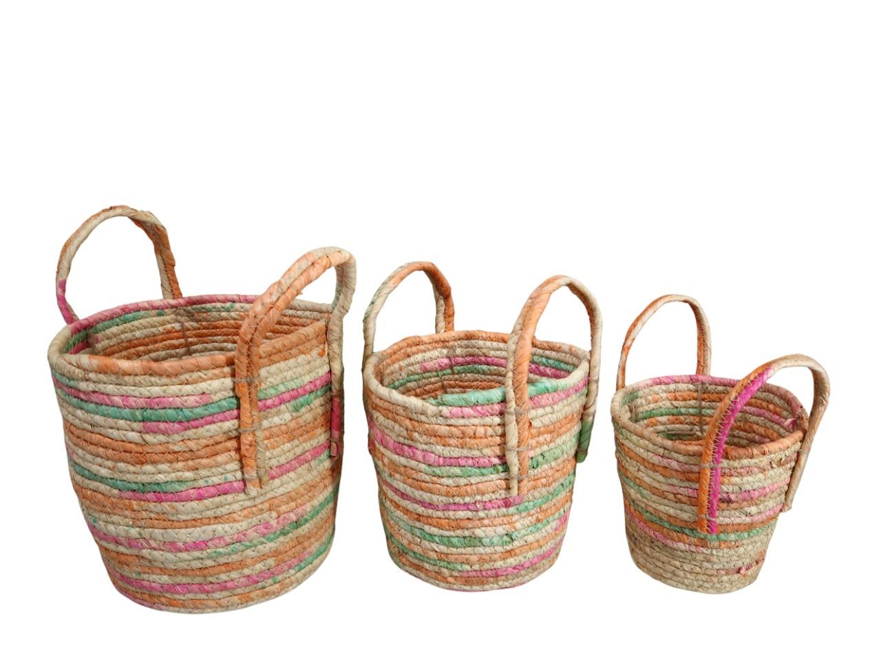 Übertopf rund m. Henkel Set/3 Schilf bunt  D24/20/17cm