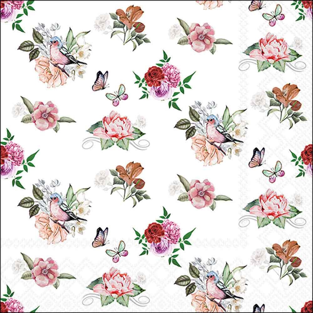 Serviette 33x33 cm Charlotte weiss mit rosa Rosen