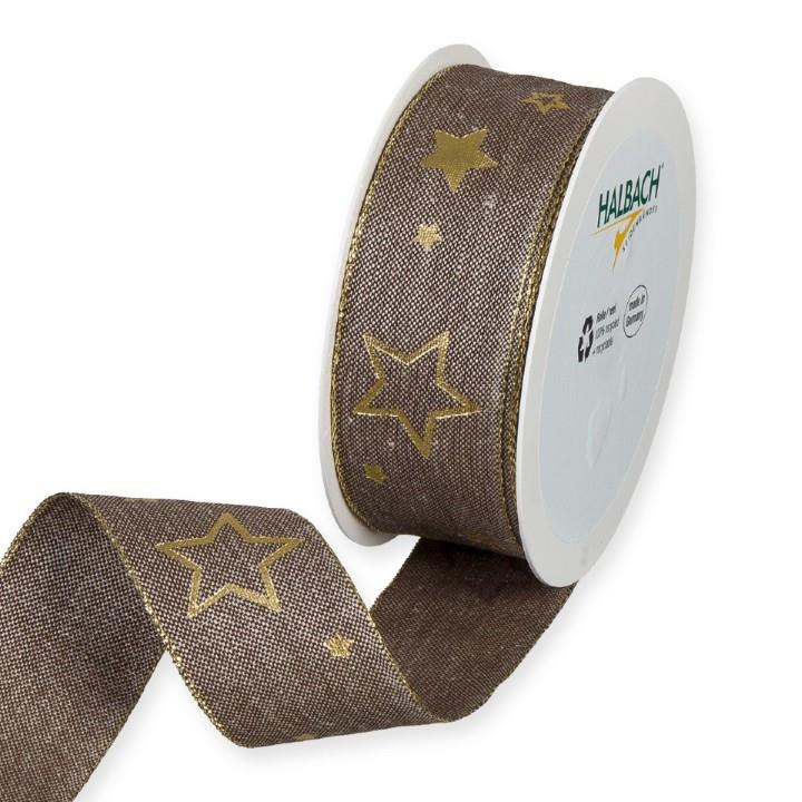 Leinen-Druckband Sterne 40 mm 15m braun/gold 96