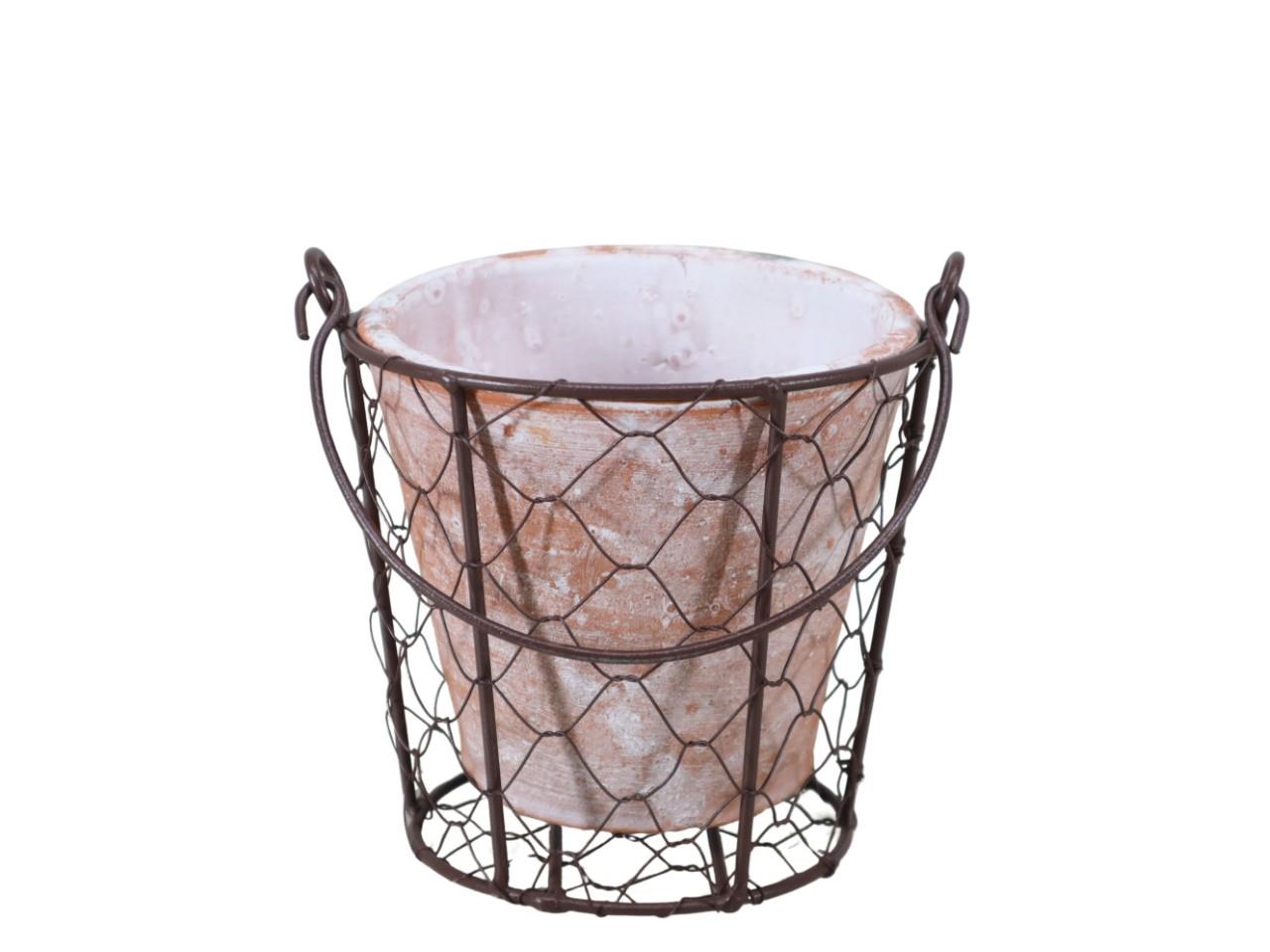 Korb Metallgeflecht m. Henkel inkl. Terratopf braun D13cm