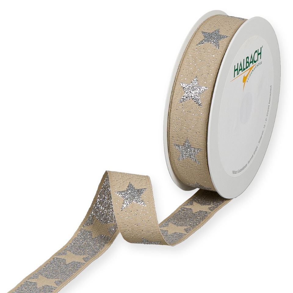 Weihnachtsband Luxussterne 25 mm 15 Meter linen/silber 72