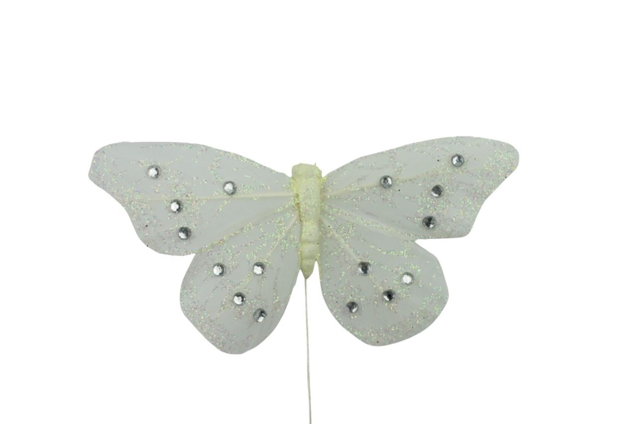 Schmetterling Glitzi Feder 9 cm weiss mit 30 cm Drahtstiel