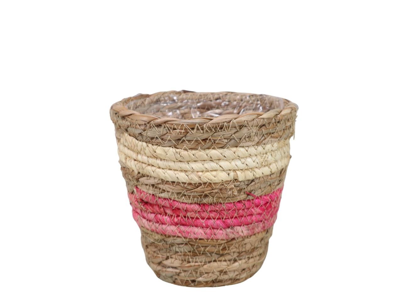 Pflanzkorb Gras geflochten D15xH14cm natur-weiß-rosa