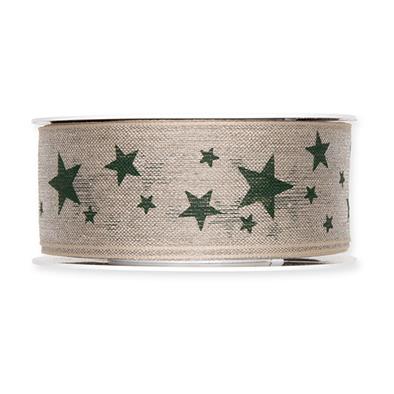 Leinen-Druckband Sterne 40 mm 15 Meter natur/green 32