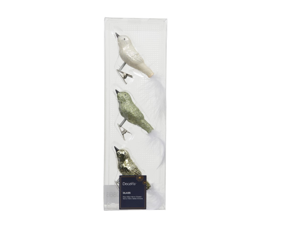 Vögel Glas m. Metallclip grünmix L8cm