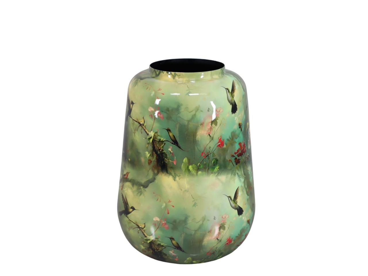 Vase Metall- Emaille Blumen-Vogelmotiv grün D27xH34cm